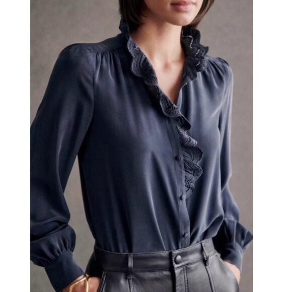 Sezane Chlo Silk Shirt Blouse Marine Navy Blue French Top Classic FR34/US2 - Picture 11 of 12